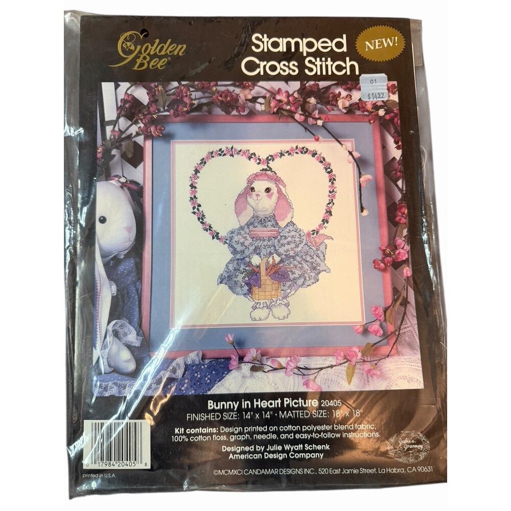 90s Vintage New Bunny In Heart Floral Cross Stitch Kit 20405 Golden Bee 14x14